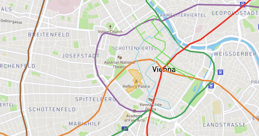 A map of the centre of Vienna showing the convergence of public transport lines around The Hofburg