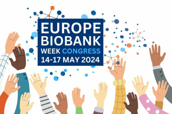 An image of the Europe Biobank Week Congress sorrounded by raising hands