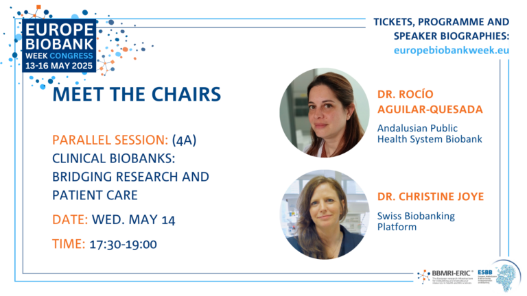 A promotion card for the two chairs of the 4A session that shows a photo of a woman with dark brown hair and a lab coat and a photo of a woman with brown hair in a blazer. Both are looking at the camera. To the left it says 'Parallel session: (4A) Clinical Biobanks: Bridging Research and Patient Care'. The EBW logo - blue, white and orange - is shown.
