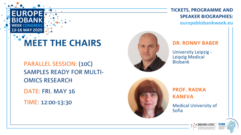 A promotion card for the two chairs of the 10C session that shows a photo of a bald man with a green collared shirt and a photo of a woman with red hair with bangs. To the left it says 'Parallel session 10C samples ready for multi-omics research '. The EBW logo - blue, white and orange - is shown.