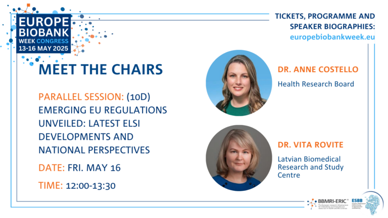 A promotion card for the two chairs of the 10D session that shows a photo of a woman with light brown hair and a green shirt and a photo of a woman with dirty blonde hair in a blue shirt. To the left it says 'Parallel session: Parallel session 10D emerging EU regulations unveiled: latest ELSI developments and national perspectives'. The EBW logo - blue, white and orange - is shown.