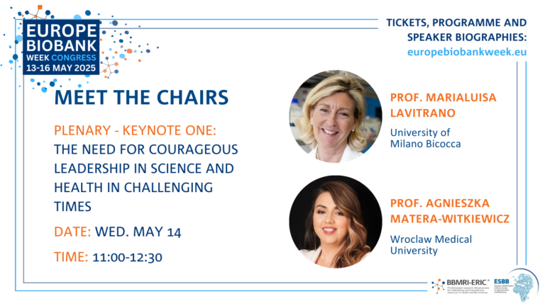 A promotion card for the two chairs of the plenary session that shows a photo of a white woman with blonde hair in a lab coat and a photo of a white woman with dark brown hair pulled to the side. Both are smiling at the camera. To the left it says 'Plenary - keynote one: The need for courageous leadership in science and health in challenging times'. The EBW logo - blue, white and orange - is shown.
