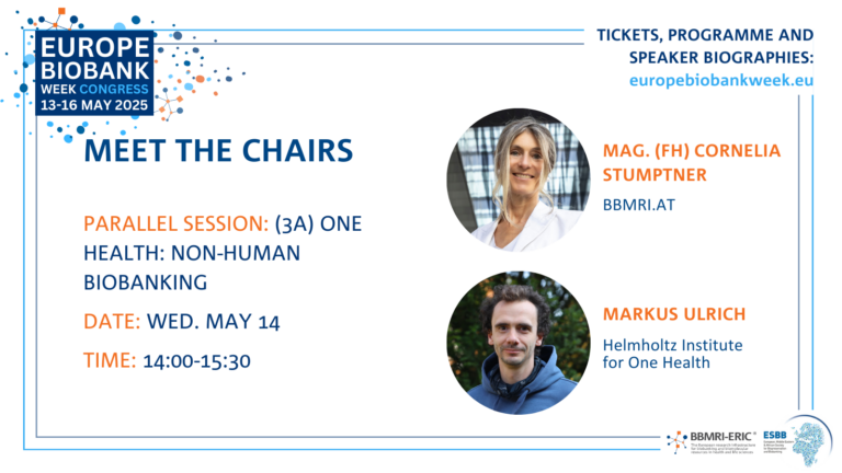 A promotion card for the two chairs of the 3A session that shows a photo of a white woman with blonde hair and a white shirt and a photo of a man with curly dark brown hair and a blue hoodie. To the left it says 'Parallel session 3A one health non-human biobanking'. The EBW logo - blue, white and orange - is shown.