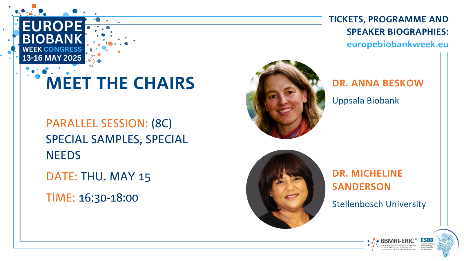 A promotion card for the two chairs of the 8C session that shows a photo of a woman with light brown hair and an orange and red scarf and a photo of a woman with black hair in a black shirt. To the left it says 'Parallel session: 8C Special samples, special needs'. The EBW logo - blue, white and orange - is shown.