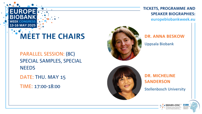 A promotion card for the two chairs of the 8C session that shows a photo of a woman with light brown hair and an orange and red scarf and a photo of a woman with black hair in a black shirt. To the left it says 'Parallel session: 8C Special samples, special needs'. The EBW logo - blue, white and orange - is shown.