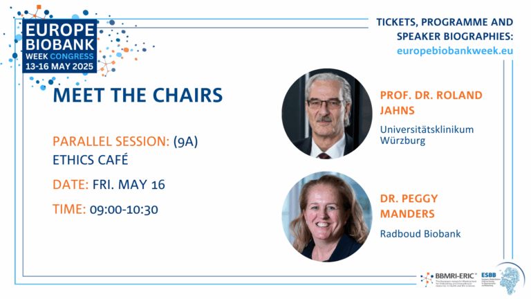 A promotion card for the two chairs of the 9A session that shows a photo of a white man with grey hair, glasses and a mustache and a photo of a woman with light brown hair. To the left it says 'Parallel session 9A Ethics Café'. The EBW logo - blue, white and orange - is shown.