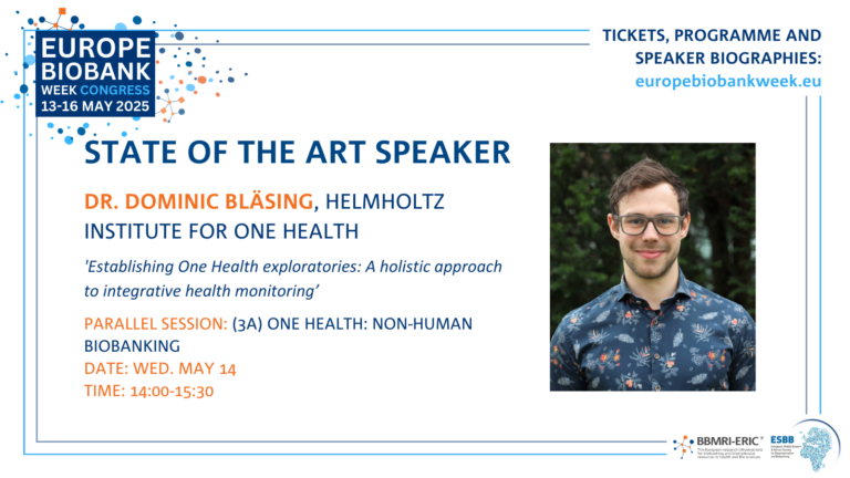 A promotion card for the state of the art speaker for the 3A session that shows a photo of a smiling white man with brown hair. To the left it says 'Dr. Dominic Bläsing, Helmholtz Institute for One Health, Establishing One Health exploratories: A holistic approach to integrative health monitoring'. The EBW logo - blue, white and orange - is shown.