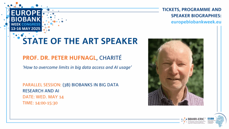 A promotional card for the state of the art speaker for 3B, Biobanks in Big Data Research and AI. The photo shows a man with short white hair. The EBW logo - orange, white, blue - is shown.