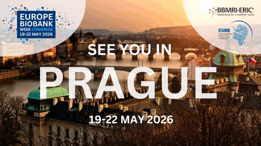 A sunset view of the bridges crossing the river in Prague, Czech Republic. Overlaid are the EBW26 logo, BBMRI-ERIC and ESBB logos and the words 'see you in Prague, 19-22 May 2026'